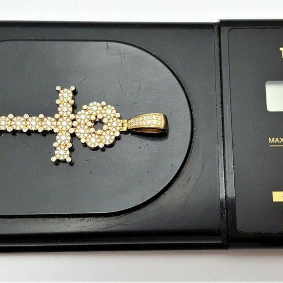 Unique 14K Karat Solid Yellow Gold Designer Ankh Cubic Zirconia Charm Pendant - Picture 10 of 10